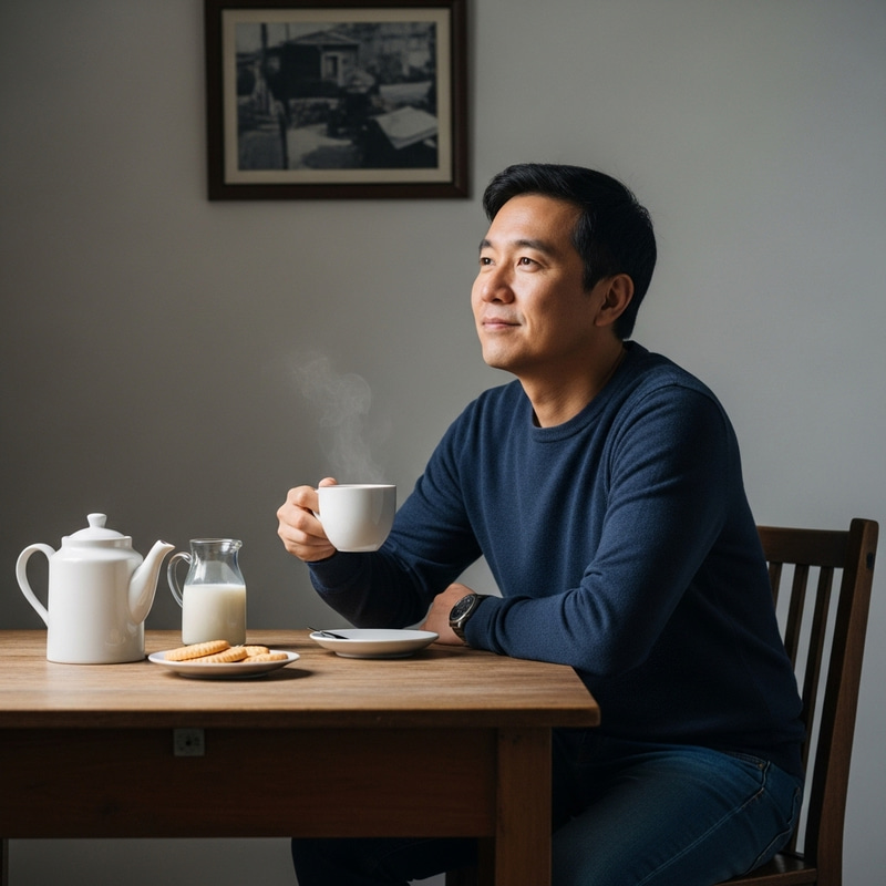 Calm Asian Man Enjoying a Cup of Tea | Relaxation Time at Home Calm Asian Man Enjoying a Cup of Tea | Relaxation Time at Home
