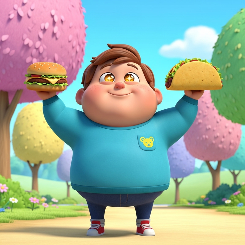 Cheerful Obese Disney Kid Enjoying Burger and Taco