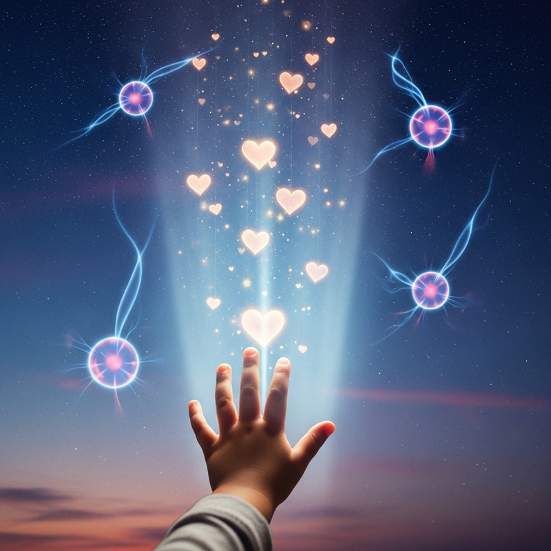 Child's Hand Reaching Hearts of Light in Heavenly Glow