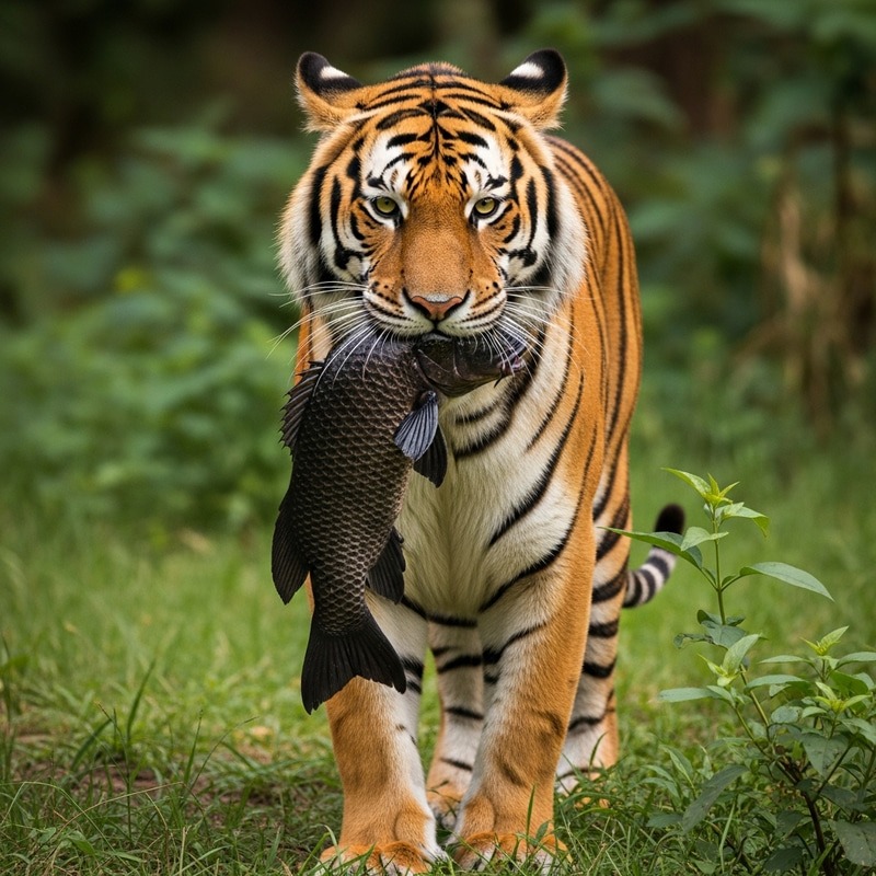 Majestic Tiger with Lively Black Fish in Jungle Majestic Tiger with Lively Black Fish in Jungle
