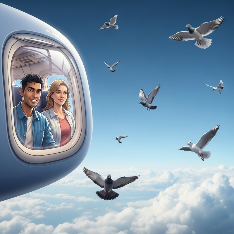 Couple in Airplane with Flying Birds: Serene Journey Scene Couple in Airplane with Flying Birds: Serene Journey Scene