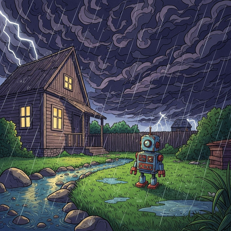 Comic Style Wooden House and Toy Robot by the Stream in a Storm Comic Style Wooden House and Toy Robot by the Stream in a Storm
