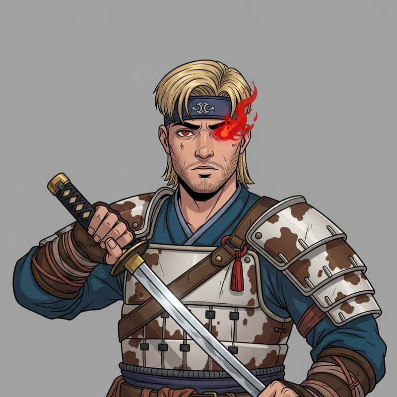 Brave Slavic Rus' Warrior with a Fiery Gaze and Japanese Katana Brave Slavic Rus' Warrior with a Fiery Gaze and Japanese Katana
