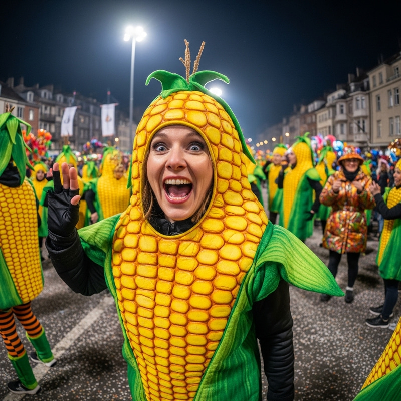 Colorful Corn Costume at Festive Carnival | Playful Celebration Colorful Corn Costume at Festive Carnival | Playful Celebration