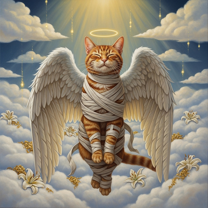 Realistic Red Cat with Angel Wings Ascends to Saintliness in Clouds