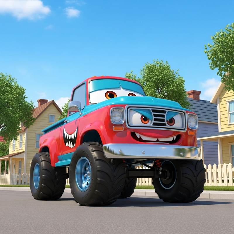 Disney Monster Truck: Playful Cartoon Pickup in Classic Small Town Disney Monster Truck: Playful Cartoon Pickup in Classic Small Town