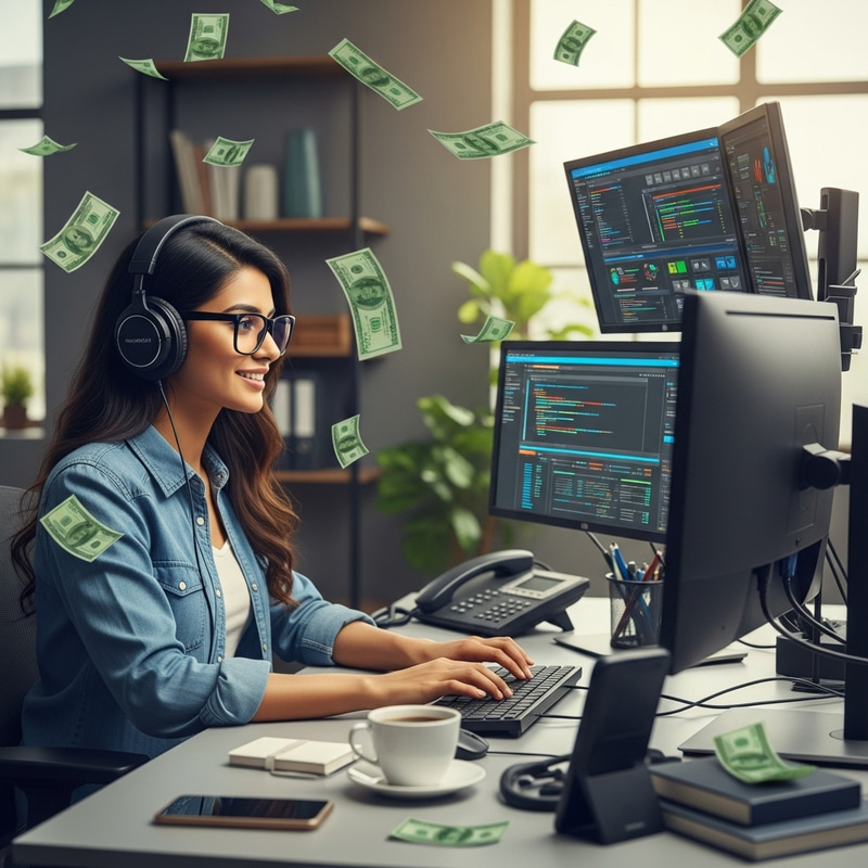 Raining Money: Dedicated South Asian Female Programmer in Office Scene