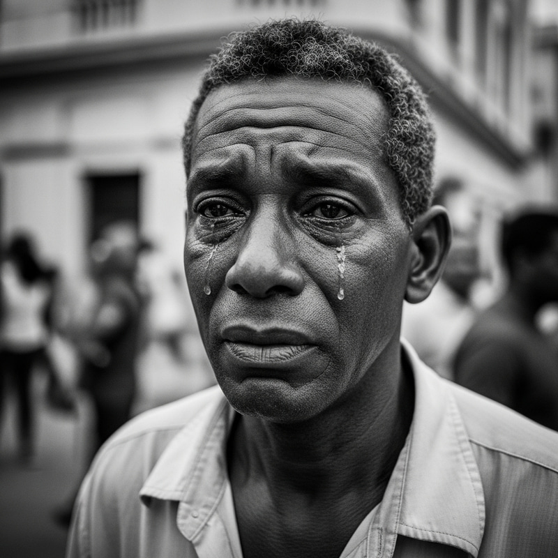 Raw Emotion: Cuban Man's Tearful Grit in Black and White