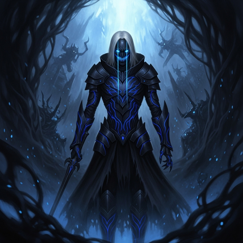 Mysterious Figure in Black Armor and Veil of Darkness