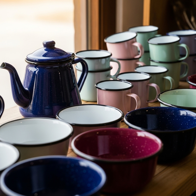 Elegant Enamel Decor: Teapots, Cups & Bowls Collection