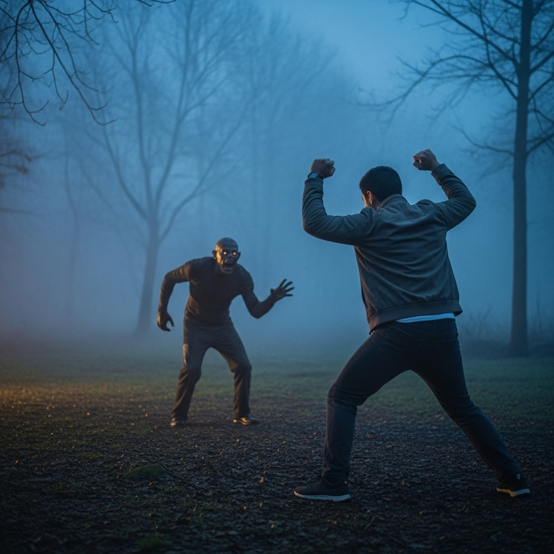 Brave Hispanic Individual Scares Menacing Creature in Misty Forest Brave Hispanic Individual Scares Menacing Creature in Misty Forest
