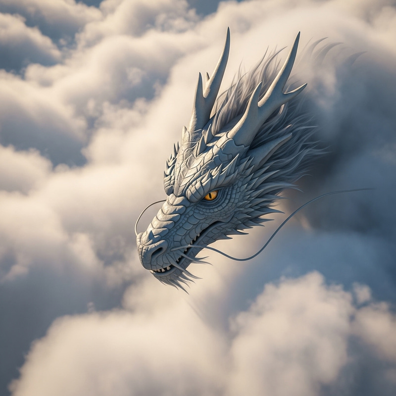 3D Dragon Head Emerging from Clouds - Mystical Awe and Power 3D Dragon Head Emerging from Clouds - Mystical Awe and Power