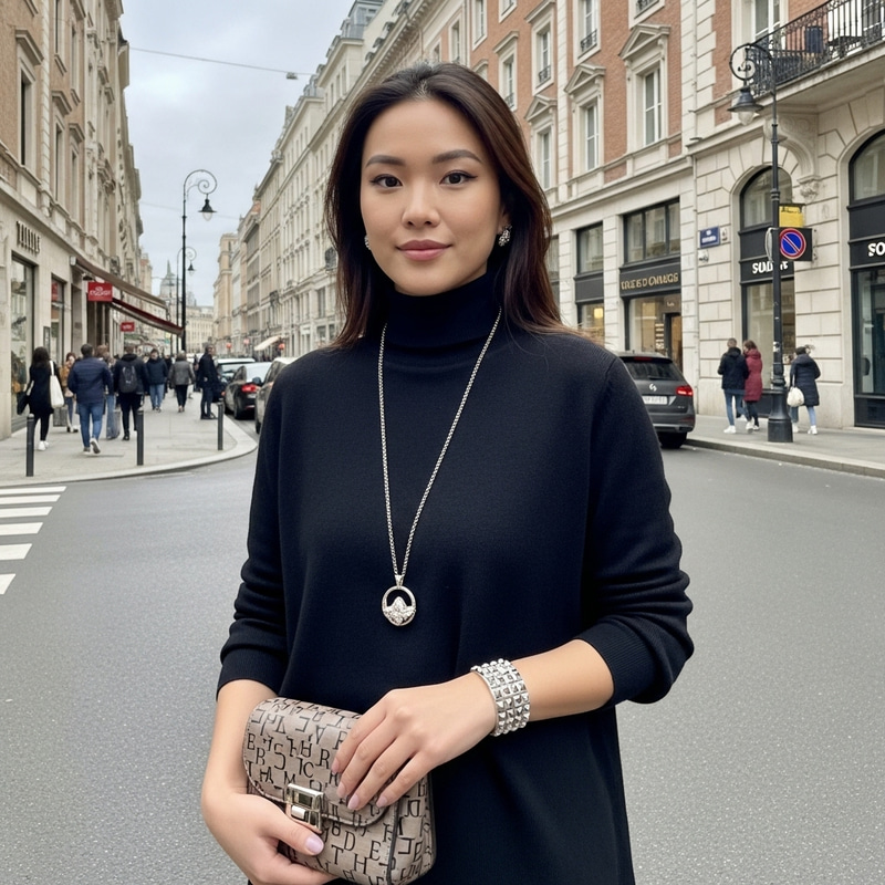 Elegant Asian Fashion Girl with Silver Jewelry and Luxe Purse
