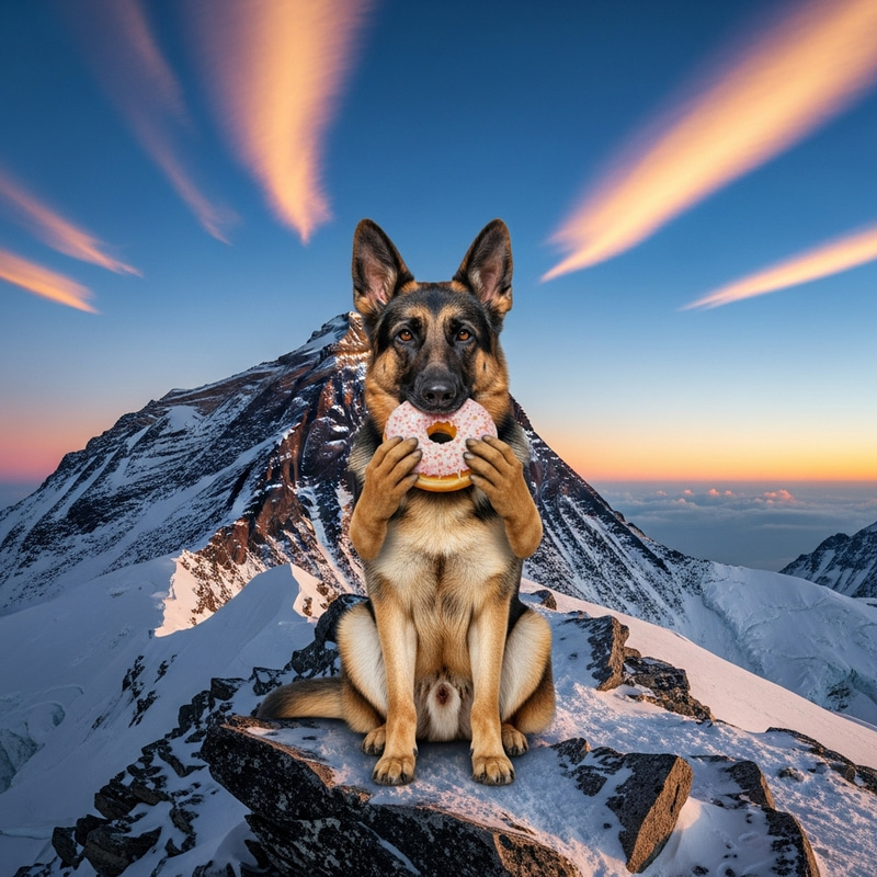 Dog with Hands Eating Donut on Mount Everest Dog with Hands Eating Donut on Mount Everest