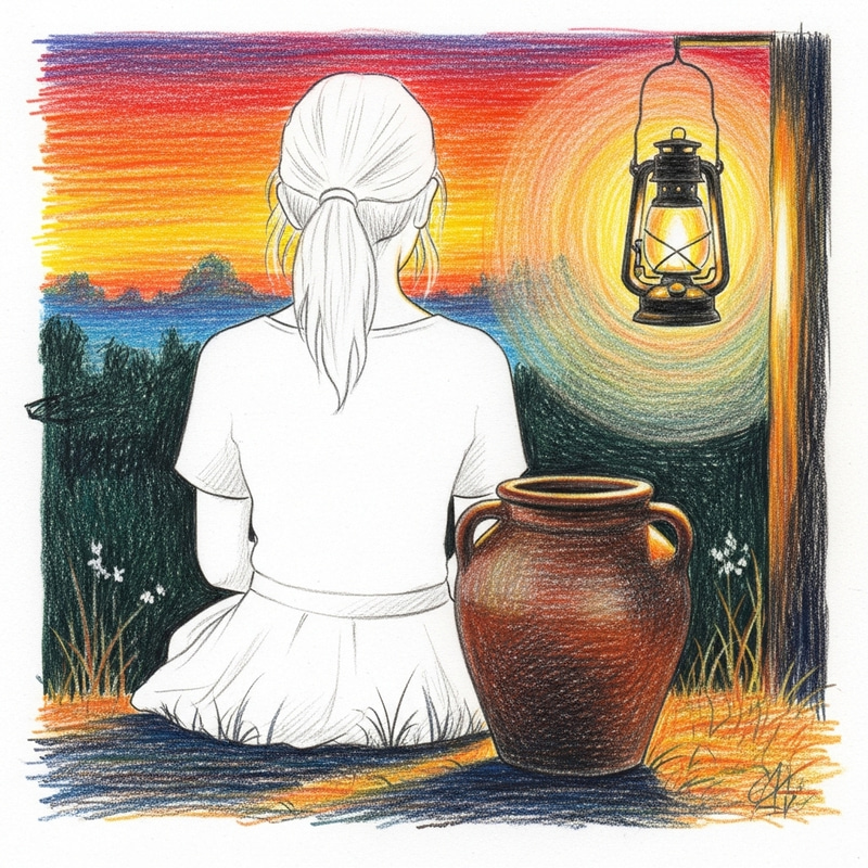 Colorful Pencil Sketch of a Rural Girl by Water Pot