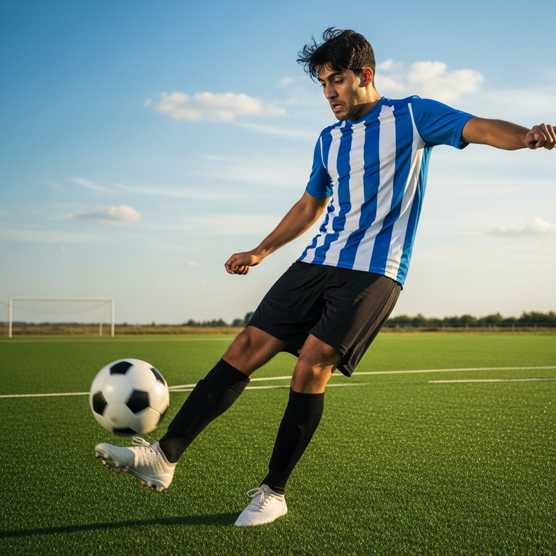 Middle-Eastern Male Soccer Player Kicking Ball on Lush Green Field