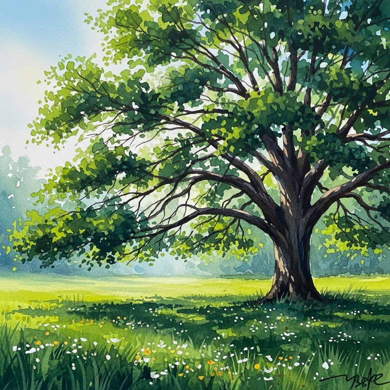 Tranquil Tree Watercolor Drawing with Verdant Meadow Scene Tranquil Tree Watercolor Drawing with Verdant Meadow Scene