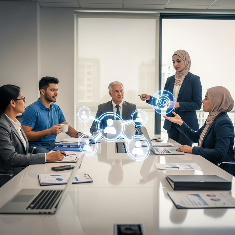 Interdependency Meeting with Holographic Circles in Office Interdependency Meeting with Holographic Circles in Office