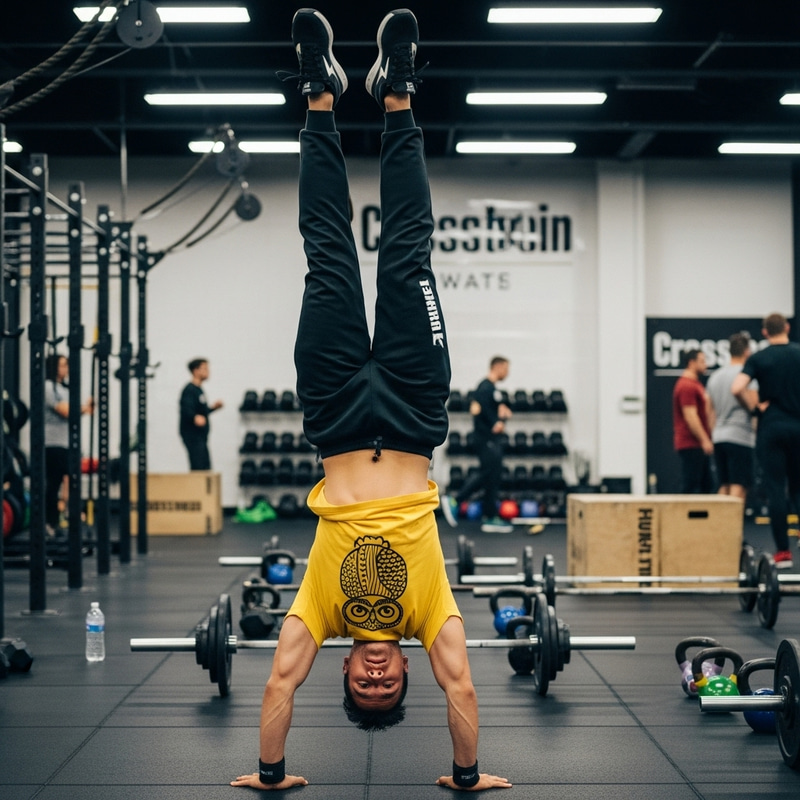 Man in Yellow Owl T-shirt Mastering Handstand at Crossfit Gym Man in Yellow Owl T-shirt Mastering Handstand at Crossfit Gym
