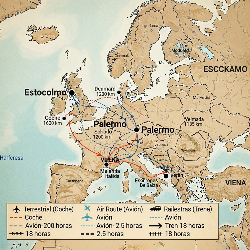 Europe Map in Spanish Highlighting Stockholm, Palermo, and Vienna with Transport Routes Europe Map in Spanish Highlighting Stockholm, Palermo, and Vienna with Transport Routes