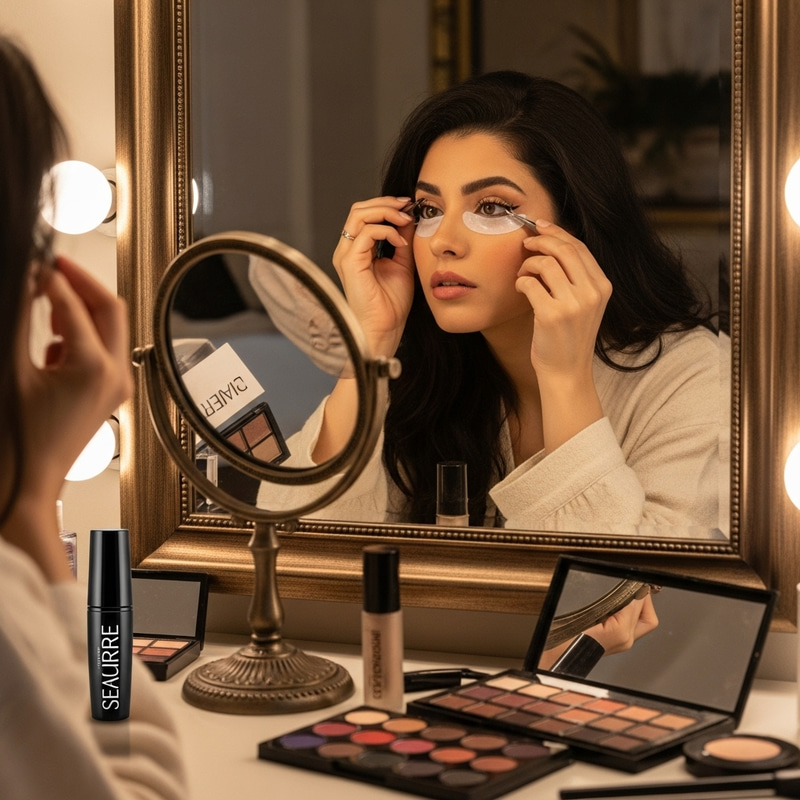 Middle-Eastern Woman Applying False Eyelashes | Makeup Vanity Scene Middle-Eastern Woman Applying False Eyelashes | Makeup Vanity Scene