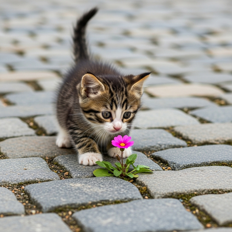 Curious Kitten Explores World Amid Cobblestones Curious Kitten Explores World Amid Cobblestones