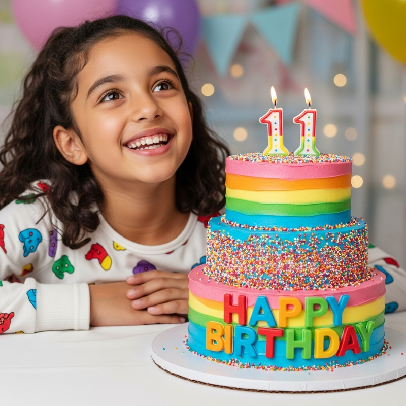 Happy 11-Year-Old Middle-Eastern Girl Celebrates Birthday with Colorful Cake