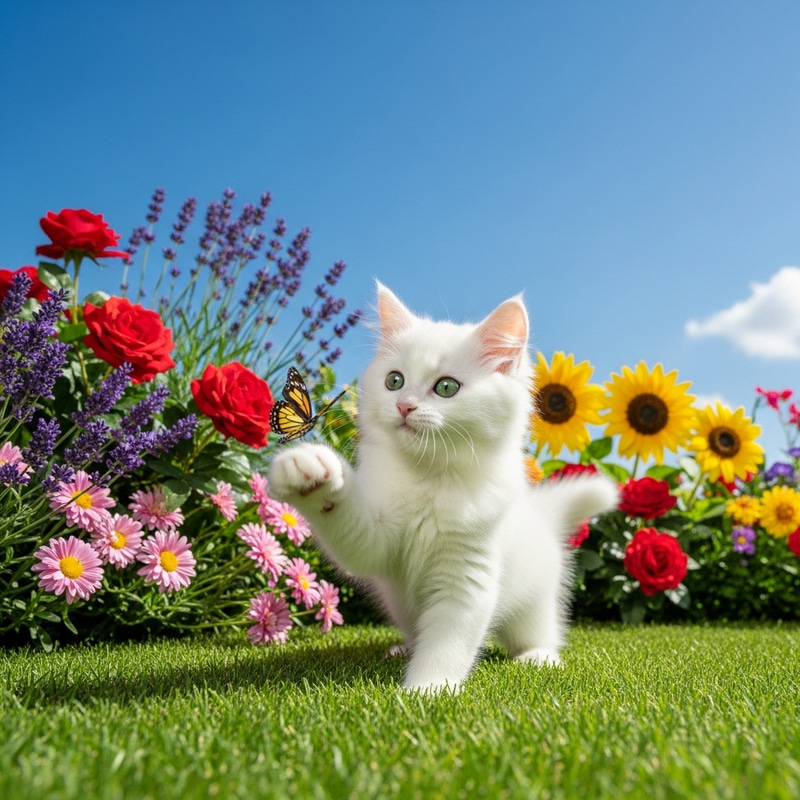White Kitten Playing in Garden - Cute Feline Moments White Kitten Playing in Garden - Cute Feline Moments