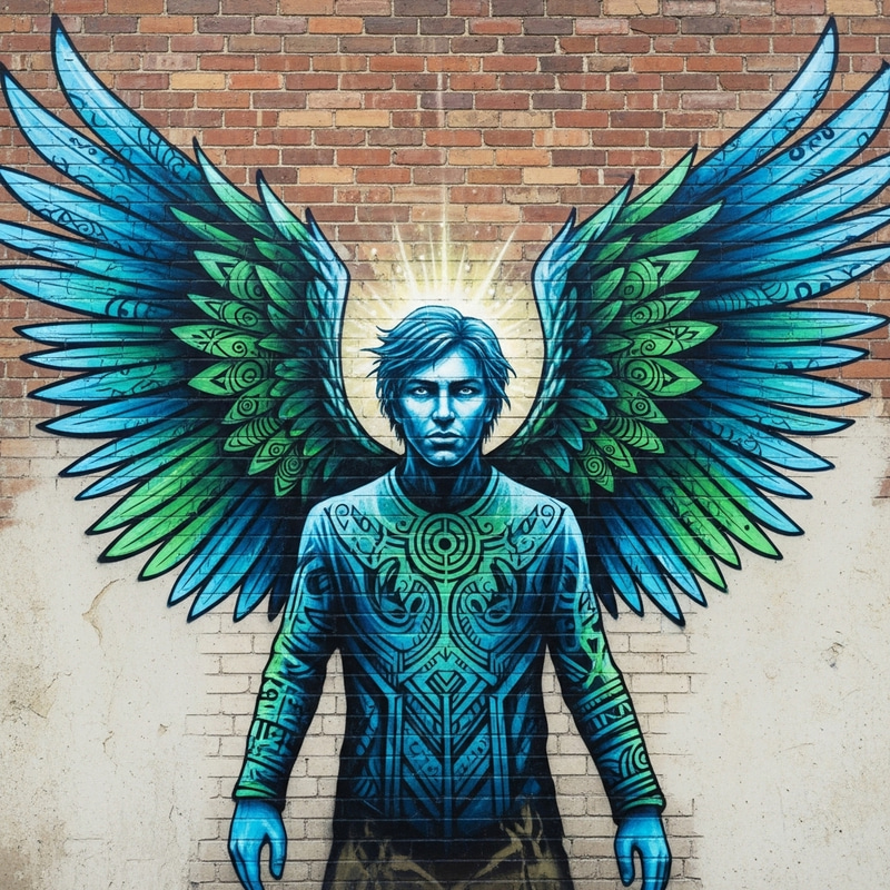 Graffiti Angel Daniel: Mystical Street Art in Blue and Green Graffiti Angel Daniel: Mystical Street Art in Blue and Green