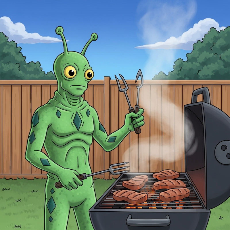 Alien BBQ Master | Fun Summer Evening Scene