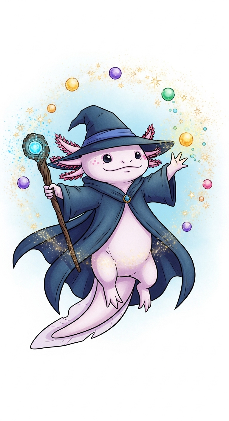 Enchanting Axolotl Wizard Soaring: Magical Illustration