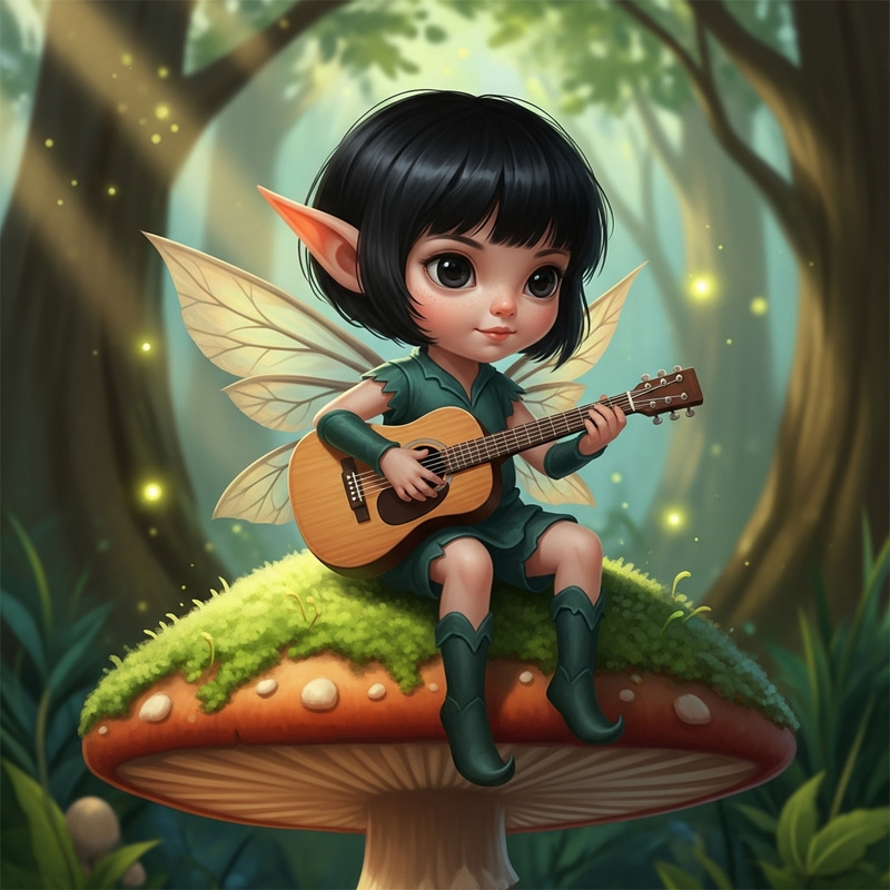 Charming Little Elf with Black Hair, Big Eyes, and a Guitar Charming Little Elf with Black Hair, Big Eyes, and a Guitar