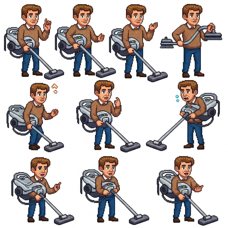 Pixel Art Character Sheet: Middle-Aged Man with Vacuum Cleaner Poses