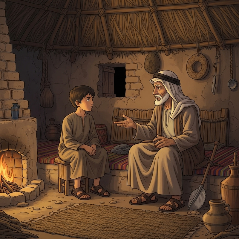 Young Boy Speaking with Elder in Ancient Hut Young Boy Speaking with Elder in Ancient Hut