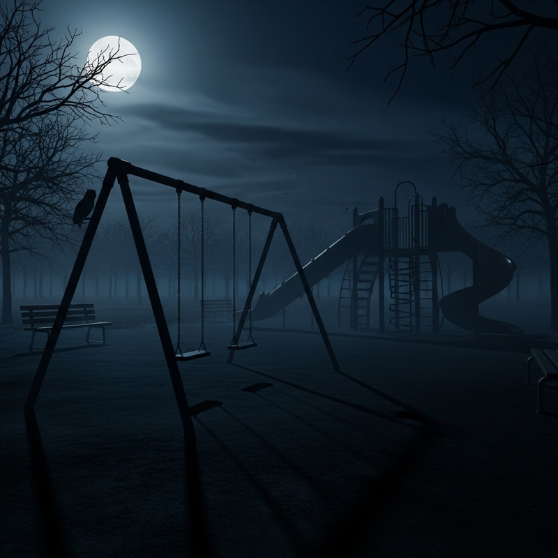Dark Playground: Creepy Scene with Moonlight, Swings, and Slide Dark Playground: Creepy Scene with Moonlight, Swings, and Slide