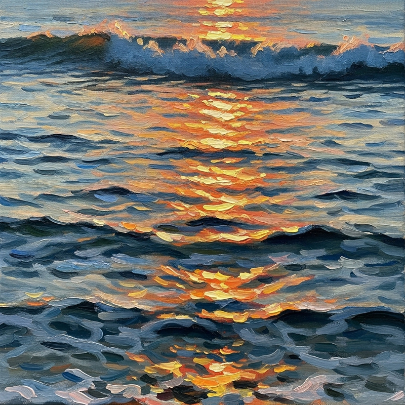 Golden Hour Ocean Waves Impressionist Painting Golden Hour Ocean Waves Impressionist Painting