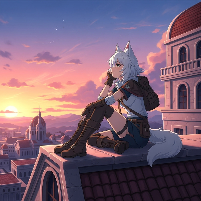 Anime Version of Girl with White Hair and Wolf Ears Watching Sunset