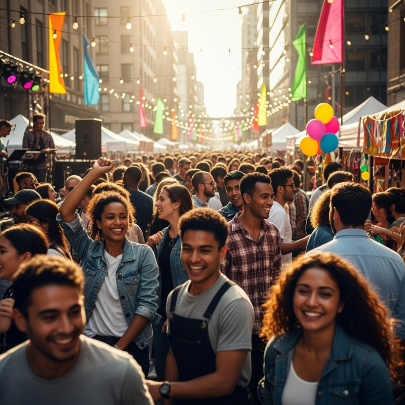 Colorful Street Photography: Lively Crowd at Festive Event Colorful Street Photography: Lively Crowd at Festive Event