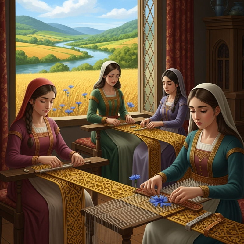 Enchanting Weaving Scene: Longing Hearts in a Manor Adorned with Persian Patterns Enchanting Weaving Scene: Longing Hearts in a Manor Adorned with Persian Patterns