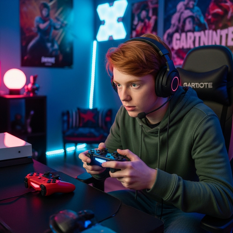 Young Ginger Playing Fortnite in Gaming Setup