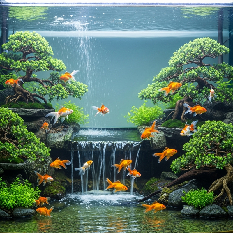 Stunning Goldfish Tank with Japanese Bonsai and Waterfall Stunning Goldfish Tank with Japanese Bonsai and Waterfall