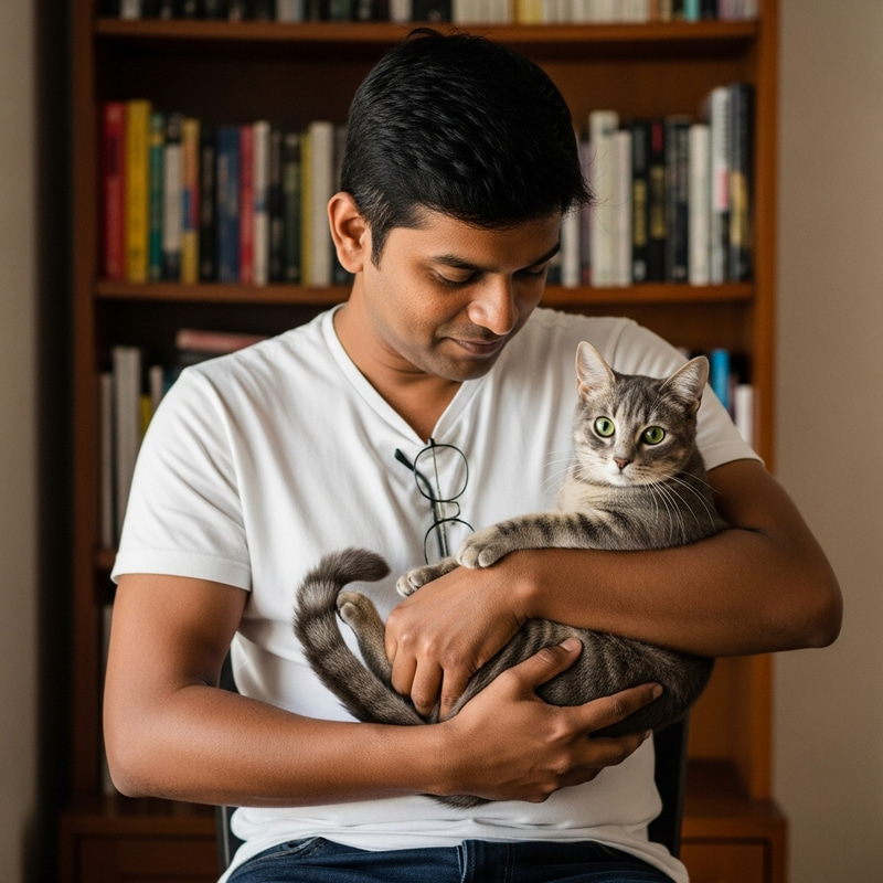 Man Holding Cat - Casual Attire Man Holding Cat - Casual Attire