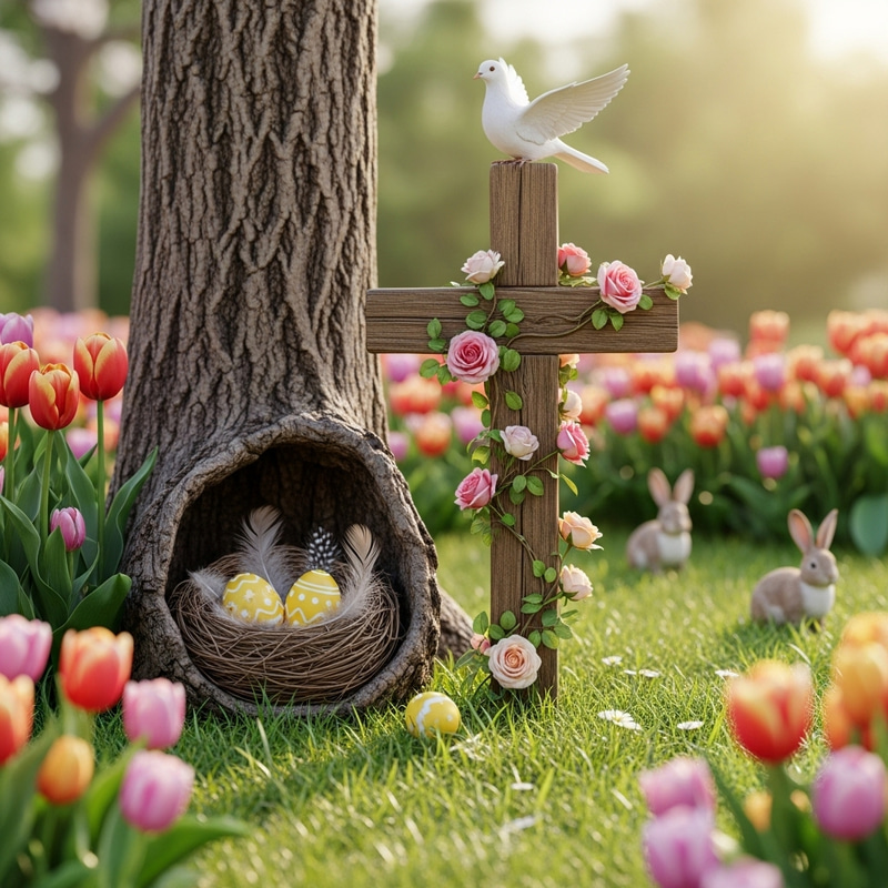Easter Garden Scene - Beautiful View with Tulips, Easter Eggs, and Cross