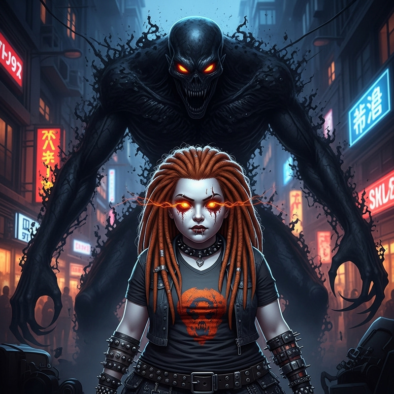 Ginger Vampiress in Punk City Night: Hyperdetailed Horror Scene