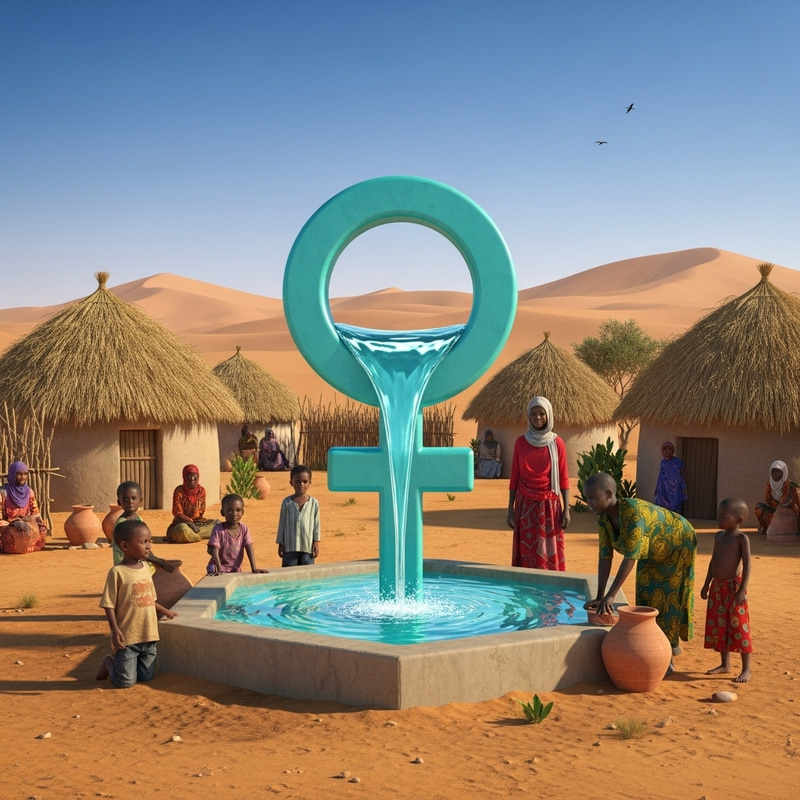 Realistic Water Symbol: Life Source in African Desert Village Realistic Water Symbol: Life Source in African Desert Village