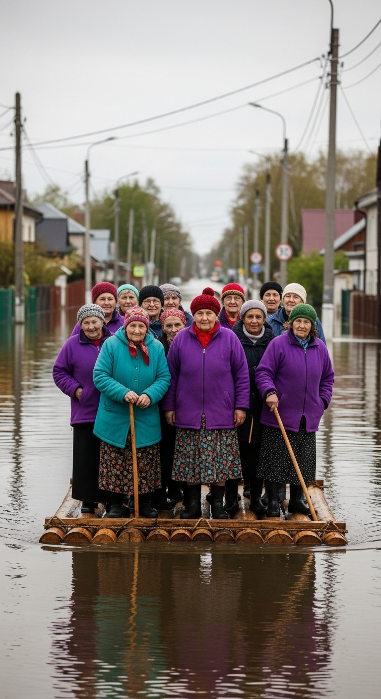 Elderly Women on a Raft During City Flooding Elderly Women on a Raft During City Flooding
