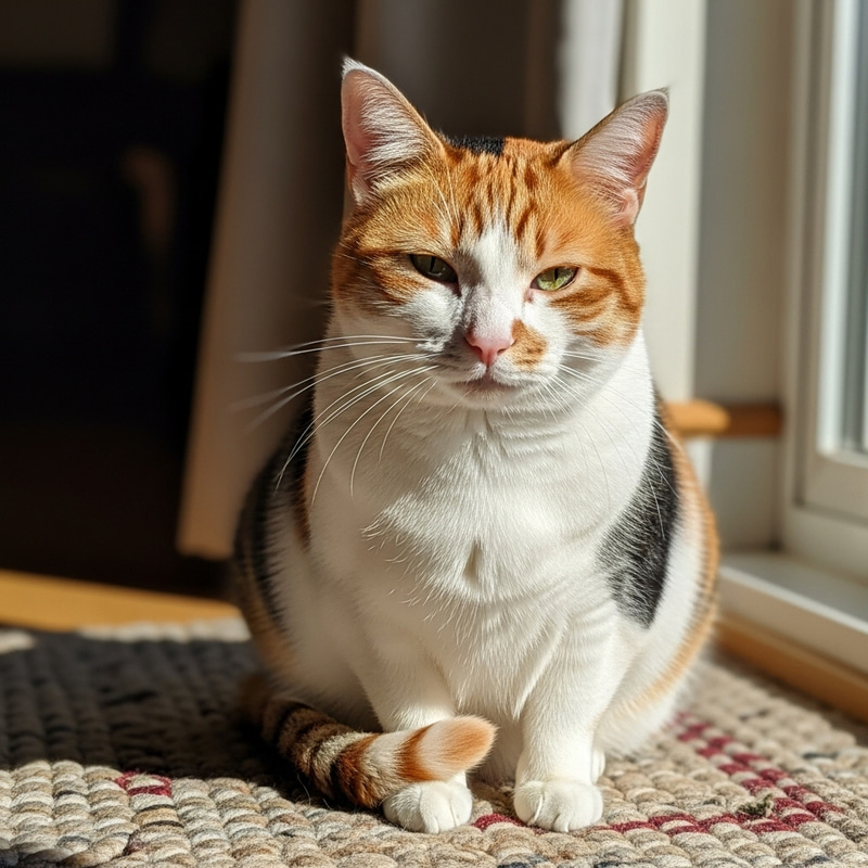 Majestic Orange, White, and Black Cat on Woolen Rug