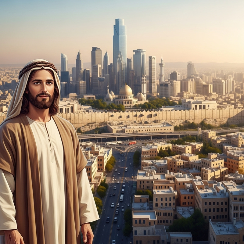 Jesus in New Jerusalem - Symbolic Modern City Illustration Jesus in New Jerusalem - Symbolic Modern City Illustration