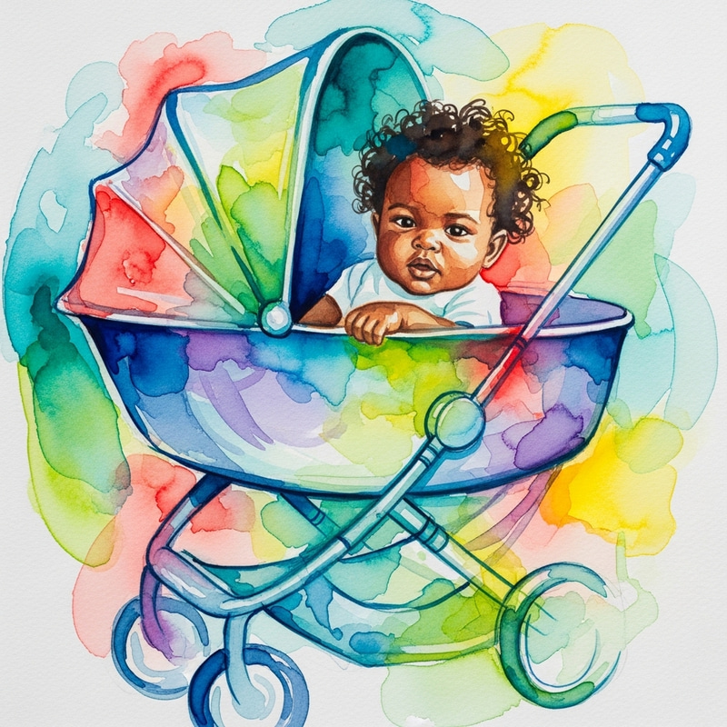 Colorful Abstract Watercolor Painting of Baby in Stroller Colorful Abstract Watercolor Painting of Baby in Stroller