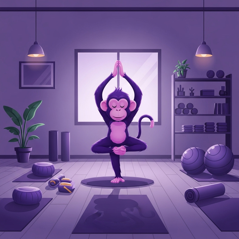 Animated Purple Monkey Doing Yoga in Studio Animated Purple Monkey Doing Yoga in Studio
